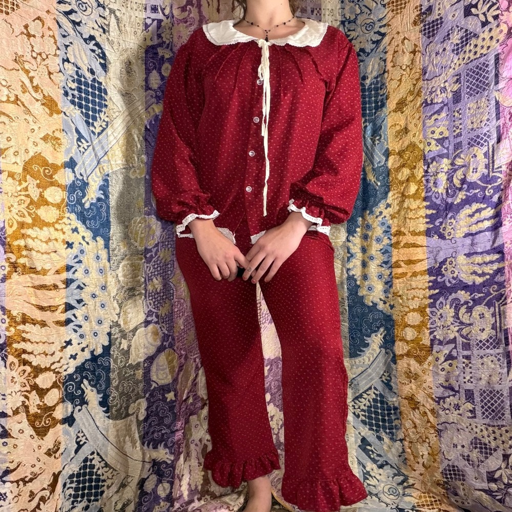 70s Style Cottage Prairie Red Floral Two Piece Top and Bottom Set Women's Size M